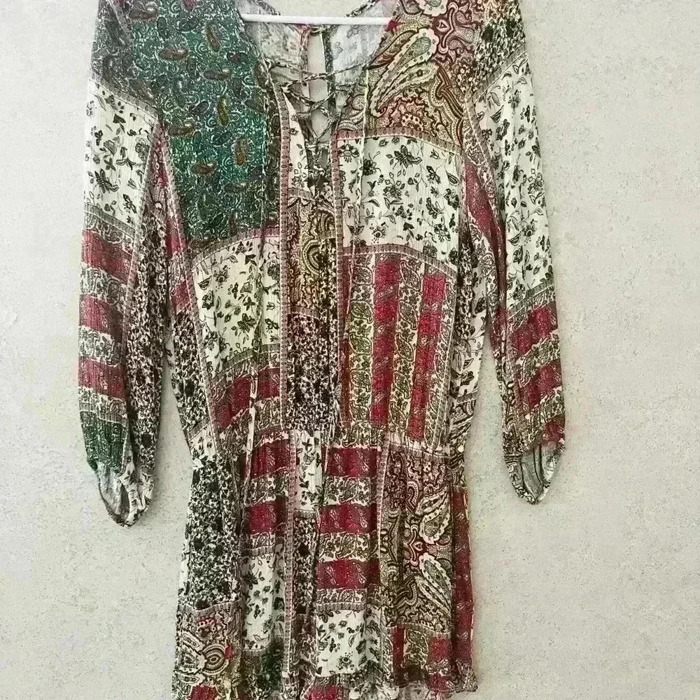AMERICAN EAGLE OUTFITTERS BOHO COLORFUL LONG SLEEVE BEACHY VACATION ROMPER SIZE